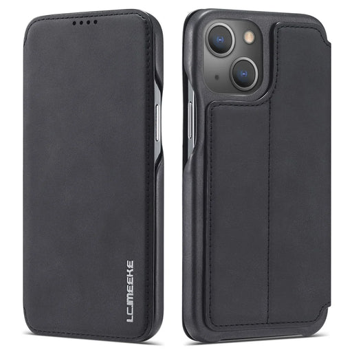 LC.IMEEKE For iPhone 14 6.1 inch Anti-scratch Dustproof Cell Phone Cover PU Leather Stand Phone Case with Card Slot - Black - 1