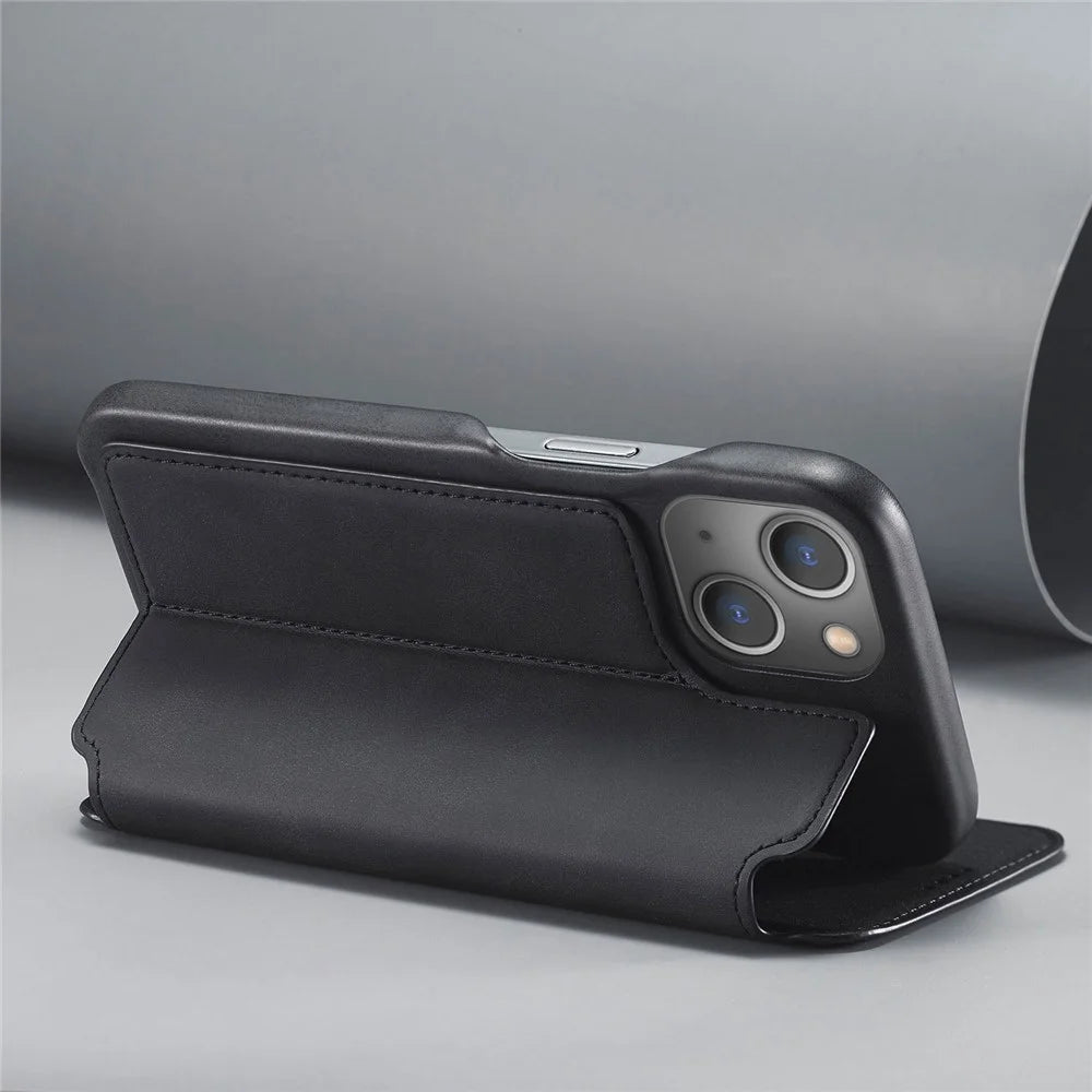 LC.IMEEKE For iPhone 14 6.1 inch Anti-scratch Dustproof Cell Phone Cover PU Leather Stand Phone Case with Card Slot - Black - 3
