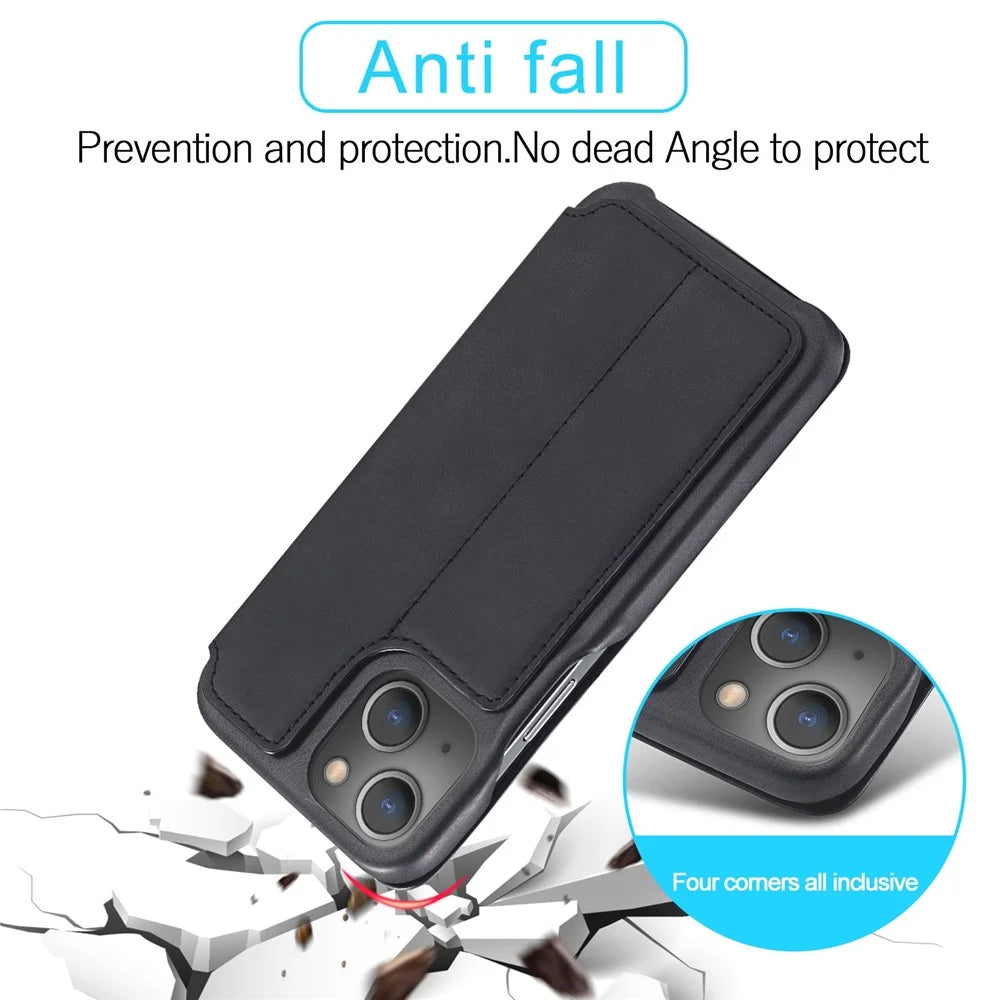 LC.IMEEKE For iPhone 14 6.1 inch Anti-scratch Dustproof Cell Phone Cover PU Leather Stand Phone Case with Card Slot - Black - 5
