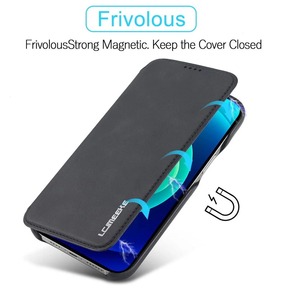 LC.IMEEKE For iPhone 14 6.1 inch Anti-scratch Dustproof Cell Phone Cover PU Leather Stand Phone Case with Card Slot - Black - 6