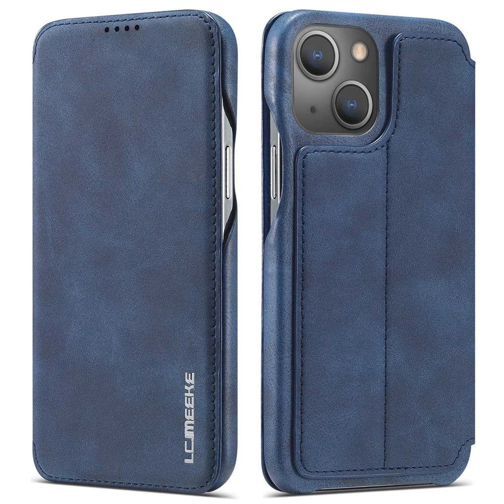 LC.IMEEKE Cell Phone Cover for iPhone 14 Plus, Anti-fingerprint PC+PU Leather Stand Phone Case with Card Slot - Blue - 1