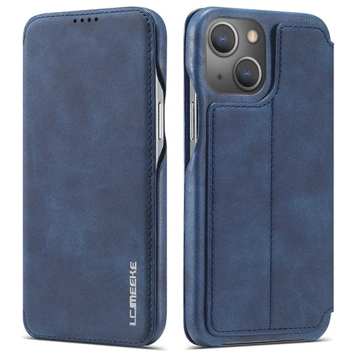 LC.IMEEKE Cell Phone Cover for iPhone 14 Plus, Anti-fingerprint PC+PU Leather Stand Phone Case with Card Slot - Blue - 1