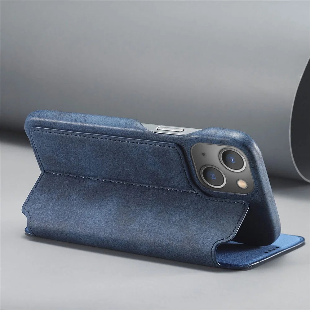 LC.IMEEKE Cell Phone Cover for iPhone 14 Plus, Anti-fingerprint PC+PU Leather Stand Phone Case with Card Slot - Blue - 3