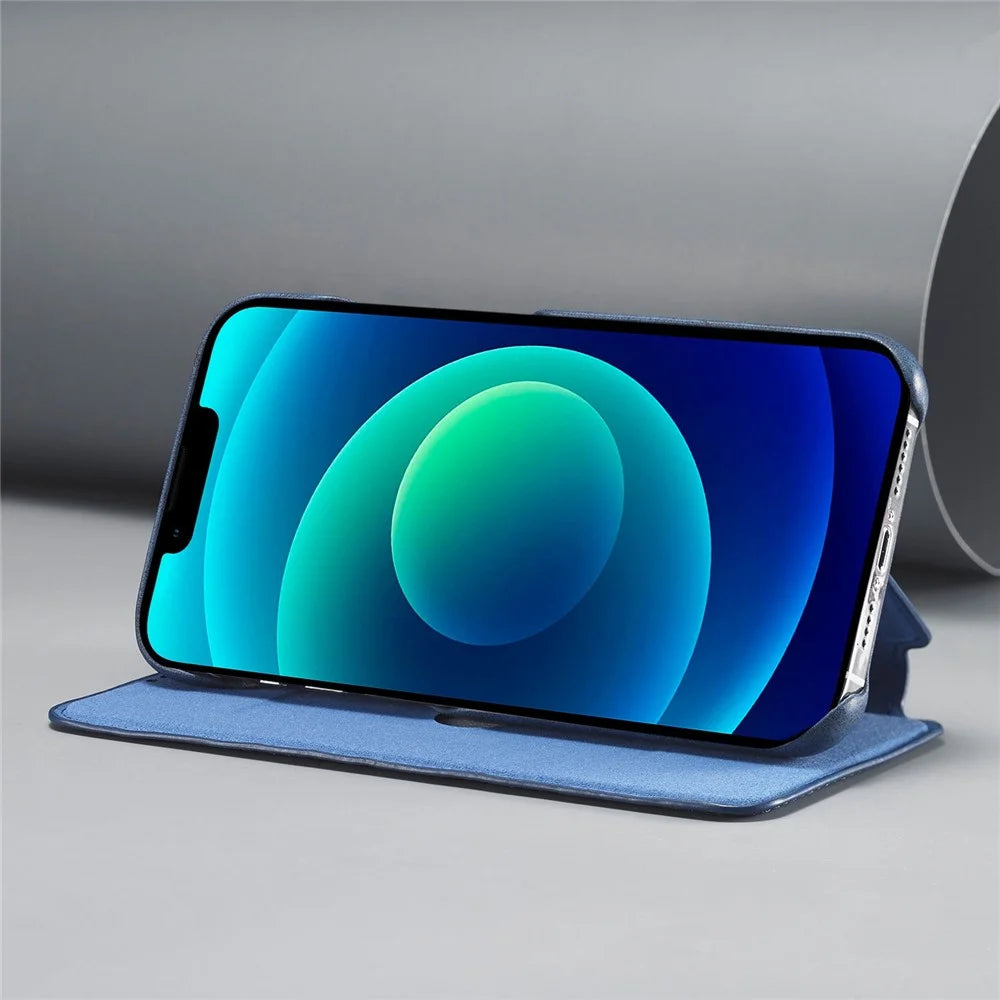 LC.IMEEKE Cell Phone Cover for iPhone 14 Plus, Anti-fingerprint PC+PU Leather Stand Phone Case with Card Slot - Blue - 4
