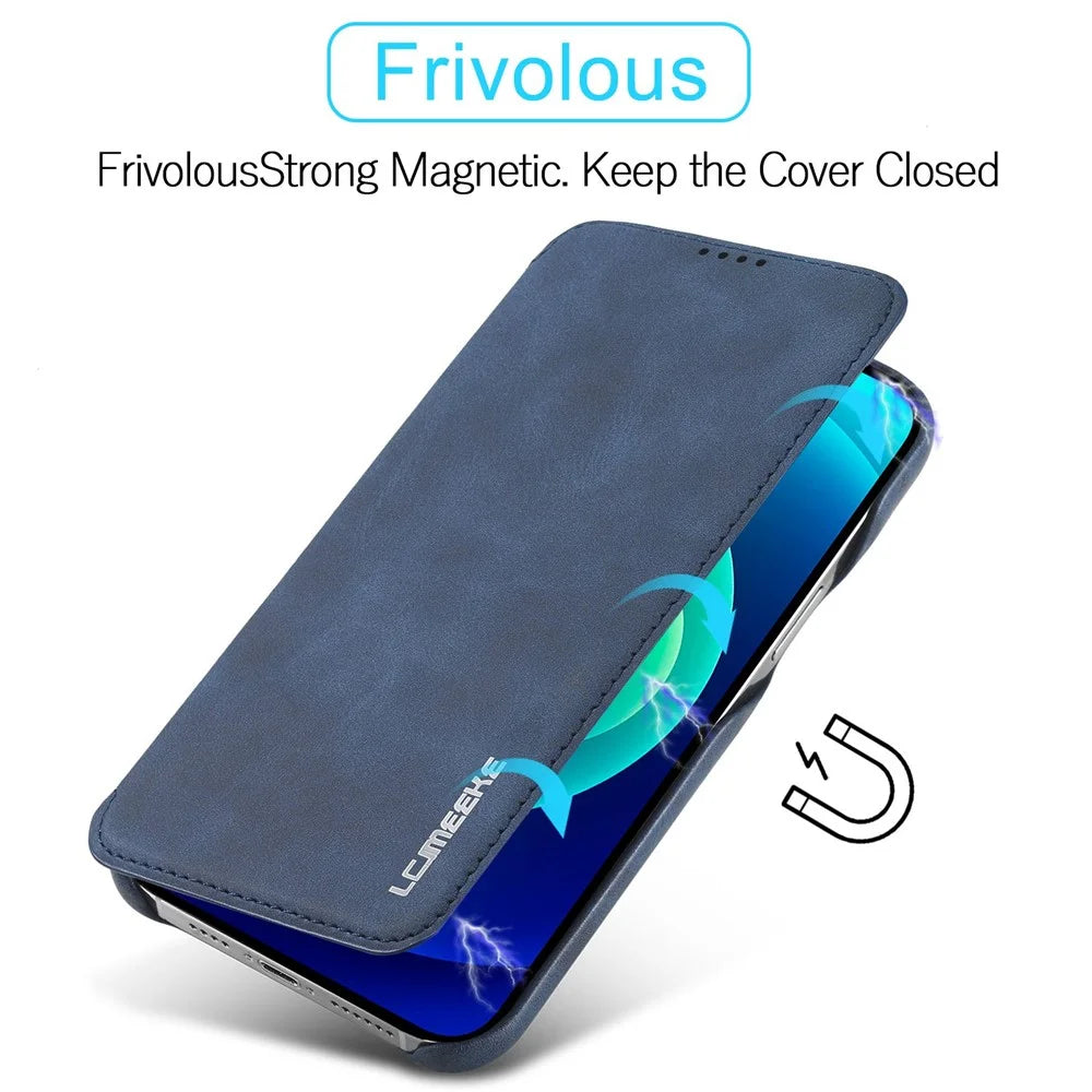 LC.IMEEKE Cell Phone Cover for iPhone 14 Plus, Anti-fingerprint PC+PU Leather Stand Phone Case with Card Slot - Blue - 6