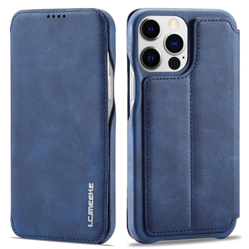 LC.IMEEKE For iPhone 14 Pro 6.1 inch Mobile Phone Case Stand Magnetic Design PU Leather+PC Phone Case with Card Slot - Blue - 1