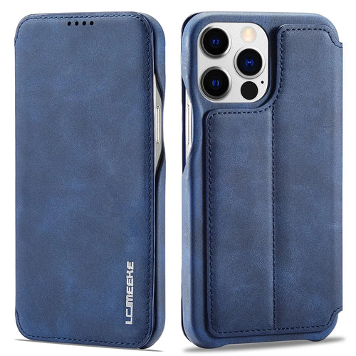 LC.IMEEKE For iPhone 14 Pro 6.1 inch Mobile Phone Case Stand Magnetic Design PU Leather+PC Phone Case with Card Slot - Blue - 1