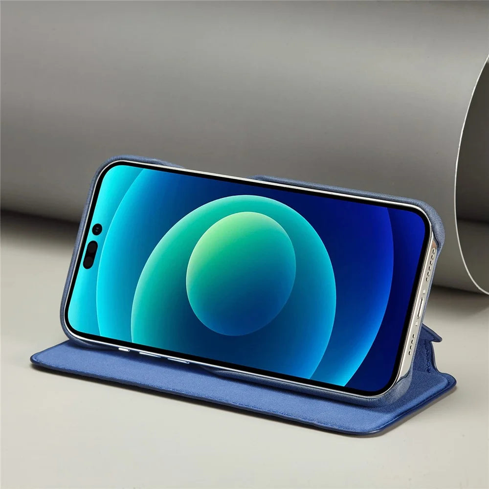 LC.IMEEKE For iPhone 14 Pro 6.1 inch Mobile Phone Case Stand Magnetic Design PU Leather+PC Phone Case with Card Slot - Blue - 3
