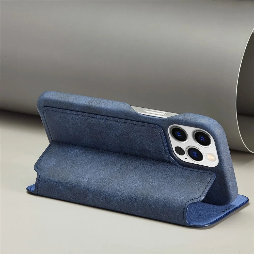 LC.IMEEKE For iPhone 14 Pro 6.1 inch Mobile Phone Case Stand Magnetic Design PU Leather+PC Phone Case with Card Slot - Blue - 4