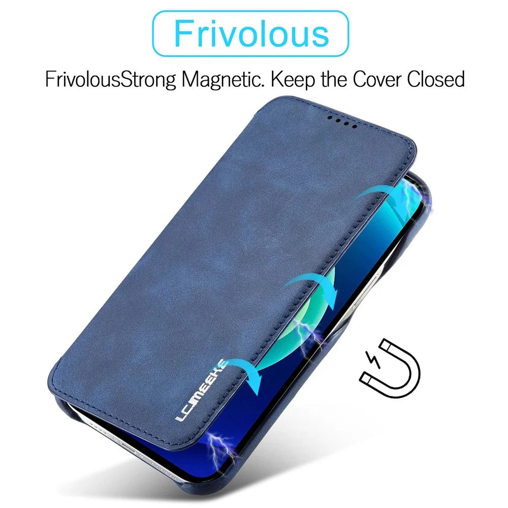 LC.IMEEKE For iPhone 14 Pro 6.1 inch Mobile Phone Case Stand Magnetic Design PU Leather+PC Phone Case with Card Slot - Blue - 6