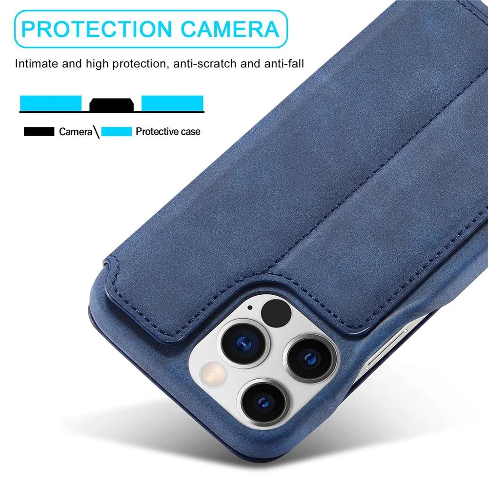 LC.IMEEKE For iPhone 14 Pro 6.1 inch Mobile Phone Case Stand Magnetic Design PU Leather+PC Phone Case with Card Slot - Blue - 7