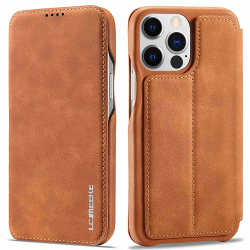 LC.IMEEKE For iPhone 14 Pro Max 6.7 inch Cell Phone Cover Magnetic Auto Closing Leather Stand Phone Case with Card Slot - Light Brown - 1