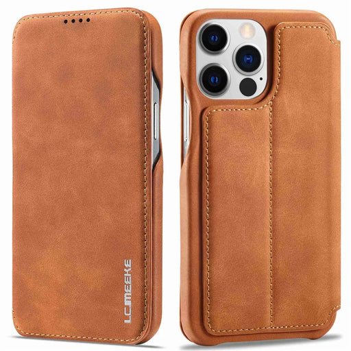 LC.IMEEKE For iPhone 14 Pro Max 6.7 inch Cell Phone Cover Magnetic Auto Closing Leather Stand Phone Case with Card Slot - Light Brown - 1