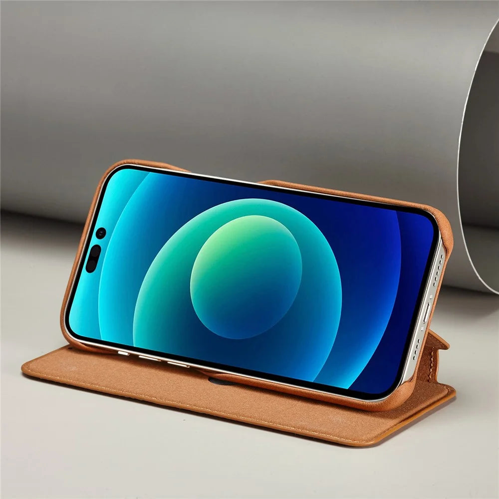 LC.IMEEKE For iPhone 14 Pro Max 6.7 inch Cell Phone Cover Magnetic Auto Closing Leather Stand Phone Case with Card Slot - Light Brown - 3