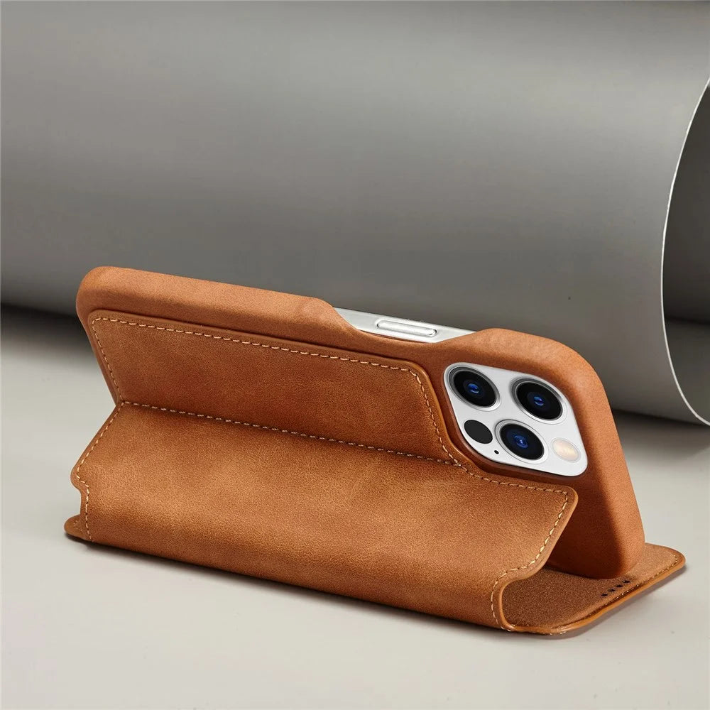 LC.IMEEKE For iPhone 14 Pro Max 6.7 inch Cell Phone Cover Magnetic Auto Closing Leather Stand Phone Case with Card Slot - Light Brown - 4