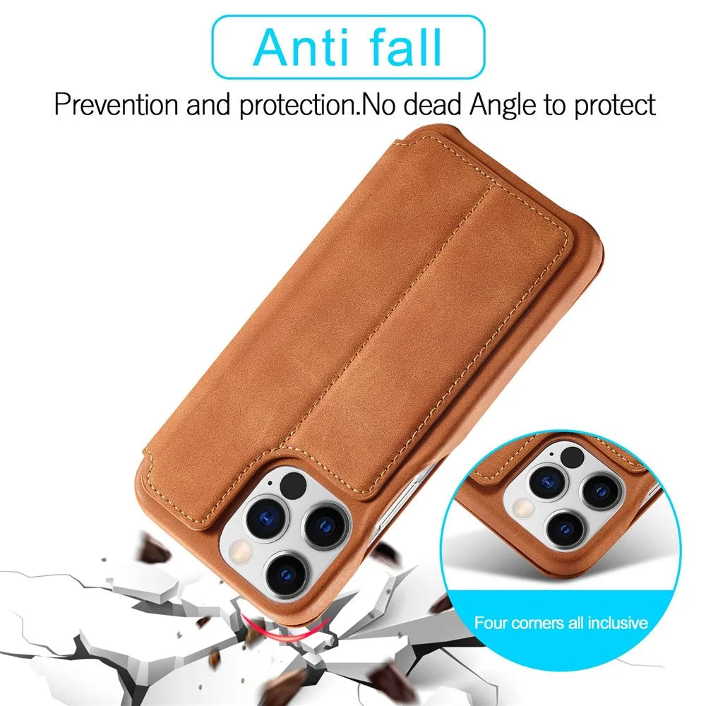LC.IMEEKE For iPhone 14 Pro Max 6.7 inch Cell Phone Cover Magnetic Auto Closing Leather Stand Phone Case with Card Slot - Light Brown - 5