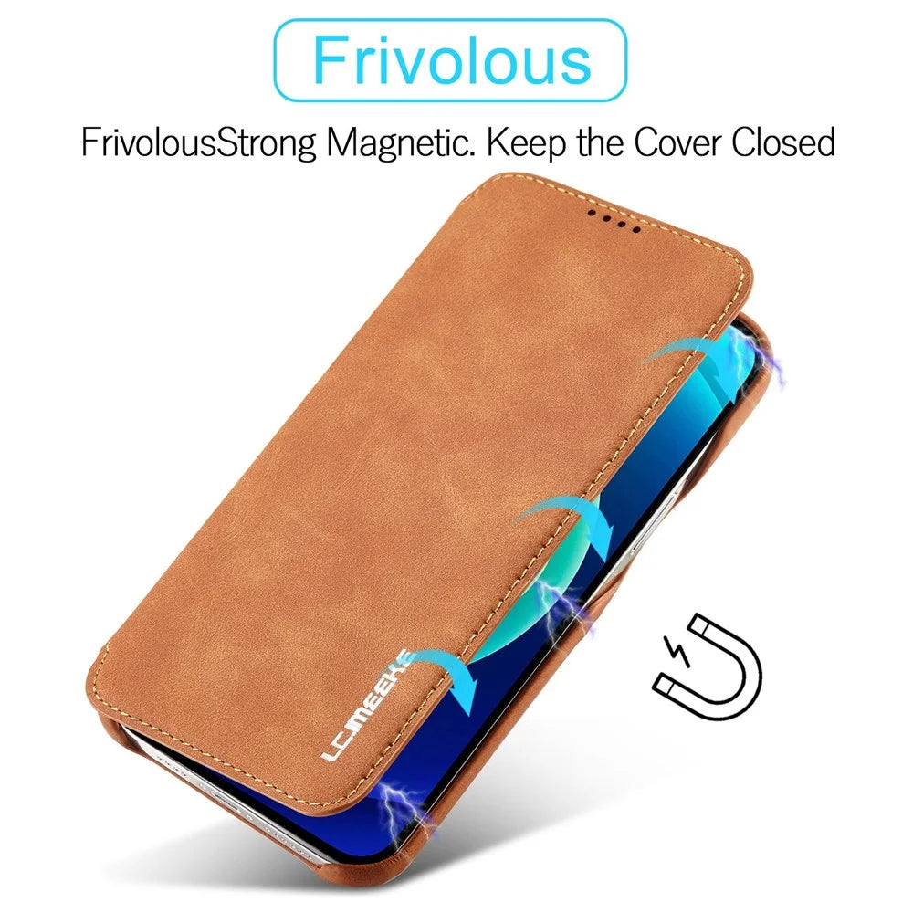 LC.IMEEKE For iPhone 14 Pro Max 6.7 inch Cell Phone Cover Magnetic Auto Closing Leather Stand Phone Case with Card Slot - Light Brown - 6