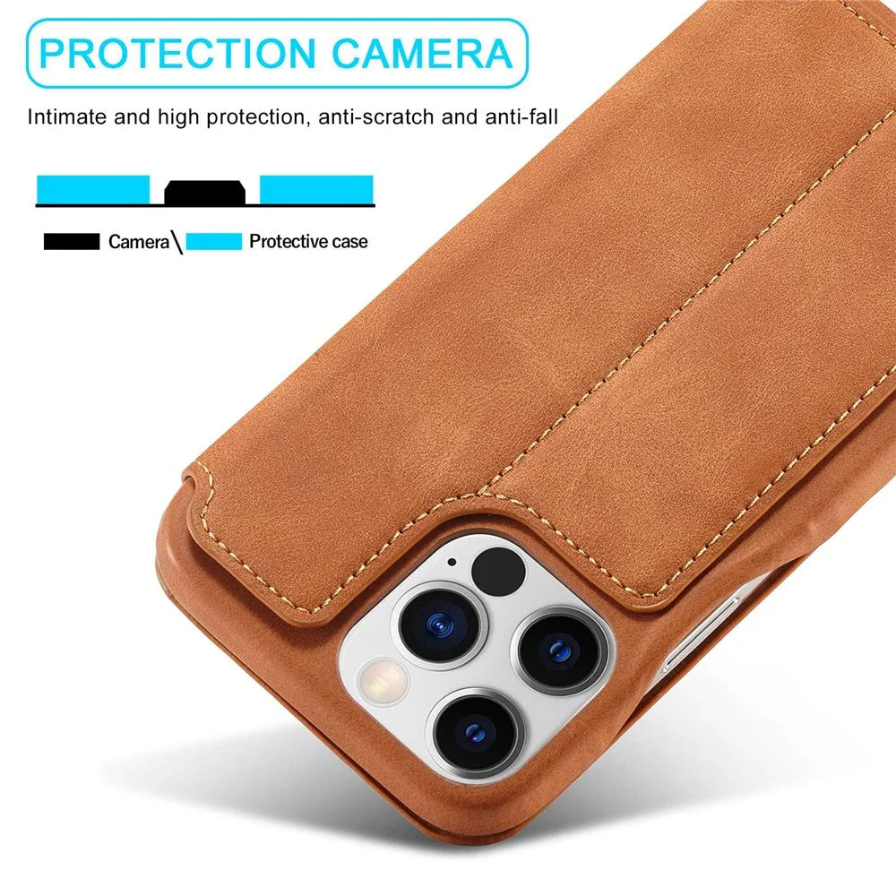 LC.IMEEKE For iPhone 14 Pro Max 6.7 inch Cell Phone Cover Magnetic Auto Closing Leather Stand Phone Case with Card Slot - Light Brown - 7