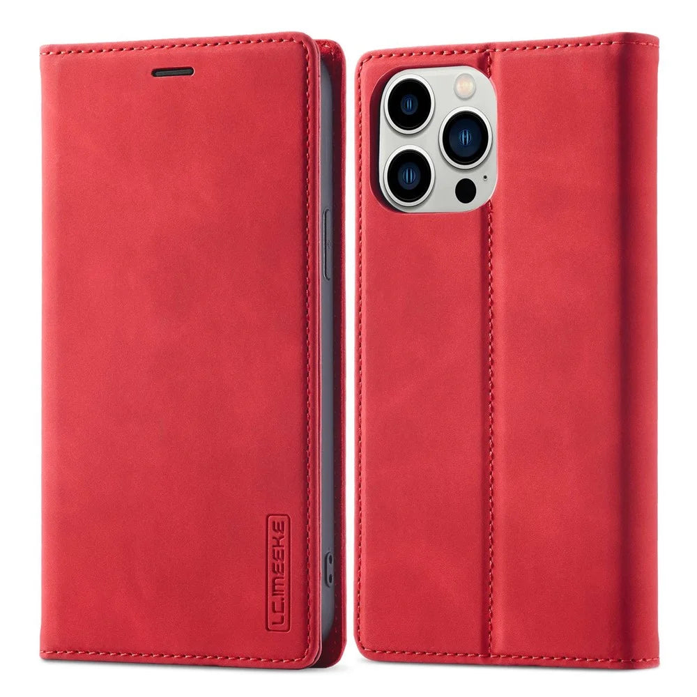 LC.IMEEKE For iPhone 14 Pro 6.1 inch PU Leather Phone Case Strong Magnetic Closure Wallet Stand Phone Cover - Red - 1