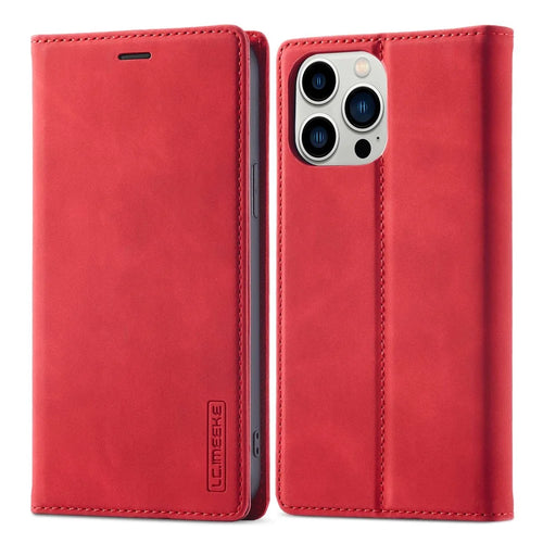 LC.IMEEKE For iPhone 14 Pro 6.1 inch PU Leather Phone Case Strong Magnetic Closure Wallet Stand Phone Cover - Red - 1