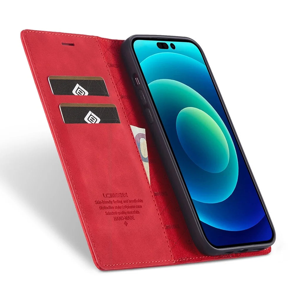 LC.IMEEKE For iPhone 14 Pro 6.1 inch PU Leather Phone Case Strong Magnetic Closure Wallet Stand Phone Cover - Red - 2