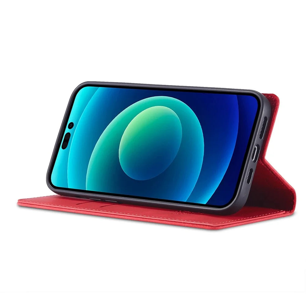 LC.IMEEKE For iPhone 14 Pro 6.1 inch PU Leather Phone Case Strong Magnetic Closure Wallet Stand Phone Cover - Red - 3
