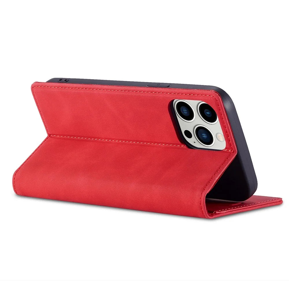 LC.IMEEKE For iPhone 14 Pro 6.1 inch PU Leather Phone Case Strong Magnetic Closure Wallet Stand Phone Cover - Red - 4
