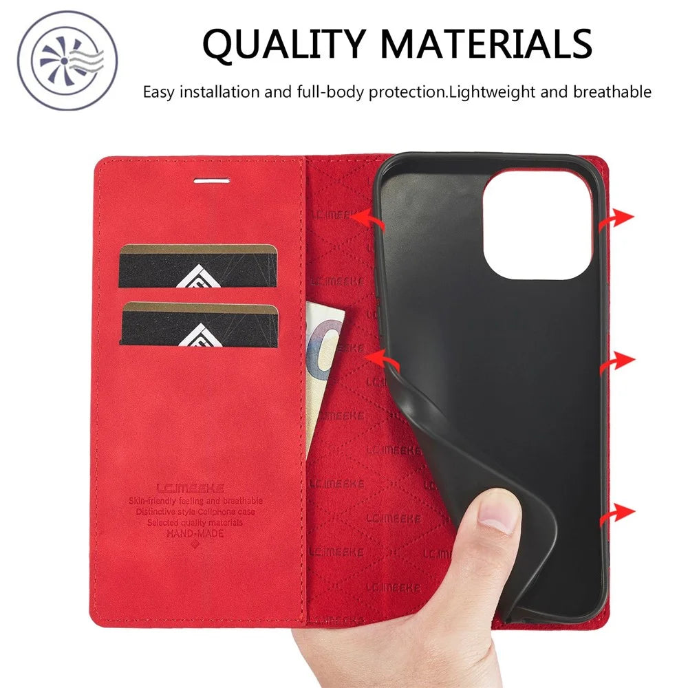 LC.IMEEKE For iPhone 14 Pro 6.1 inch PU Leather Phone Case Strong Magnetic Closure Wallet Stand Phone Cover - Red - 5