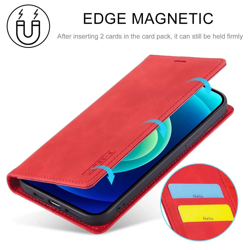 LC.IMEEKE For iPhone 14 Pro 6.1 inch PU Leather Phone Case Strong Magnetic Closure Wallet Stand Phone Cover - Red - 6