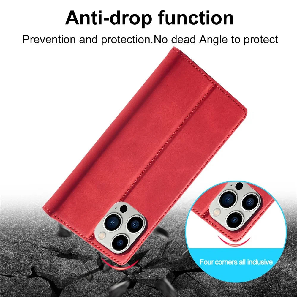 LC.IMEEKE For iPhone 14 Pro 6.1 inch PU Leather Phone Case Strong Magnetic Closure Wallet Stand Phone Cover - Red - 7