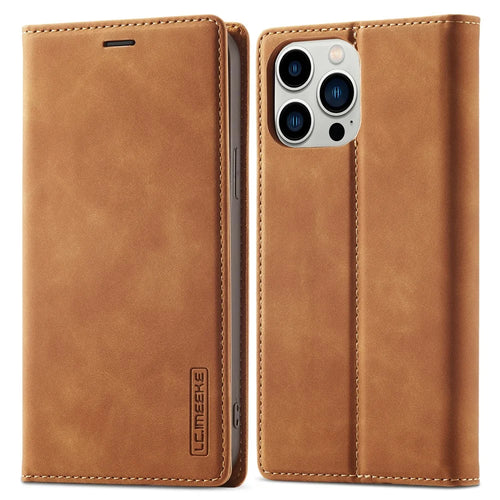 LC.IMEEKE For iPhone 14 Pro Max 6.7 inch Strong Magnetic Closure Anti-dust PU Leather Mobile Phone Case Wallet Stand Phone Cover - Brown - 1