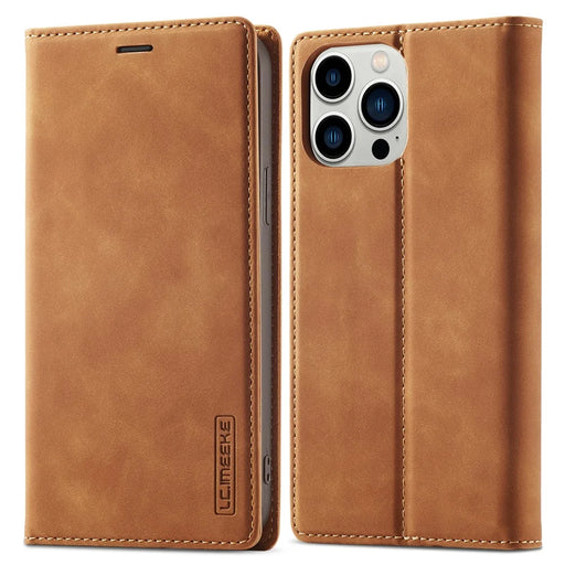 LC.IMEEKE For iPhone 14 Pro Max 6.7 inch Strong Magnetic Closure Anti-dust PU Leather Mobile Phone Case Wallet Stand Phone Cover - Brown - 1