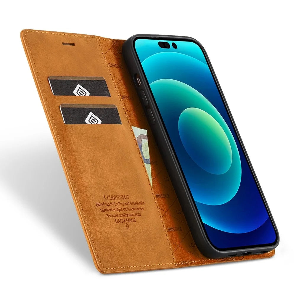 LC.IMEEKE For iPhone 14 Pro Max 6.7 inch Strong Magnetic Closure Anti-dust PU Leather Mobile Phone Case Wallet Stand Phone Cover - Brown - 2