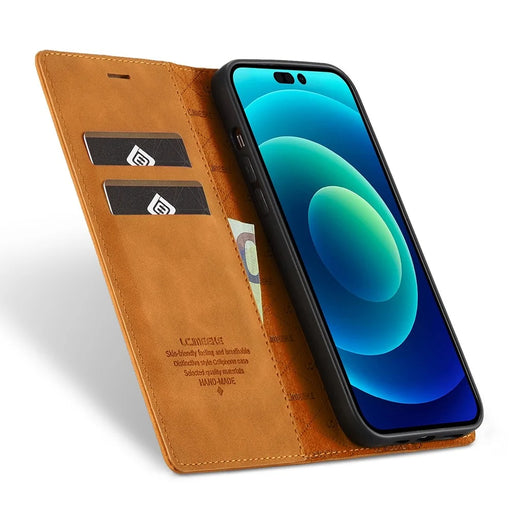 LC.IMEEKE For iPhone 14 Pro Max 6.7 inch Strong Magnetic Closure Anti-dust PU Leather Mobile Phone Case Wallet Stand Phone Cover - Brown - 2