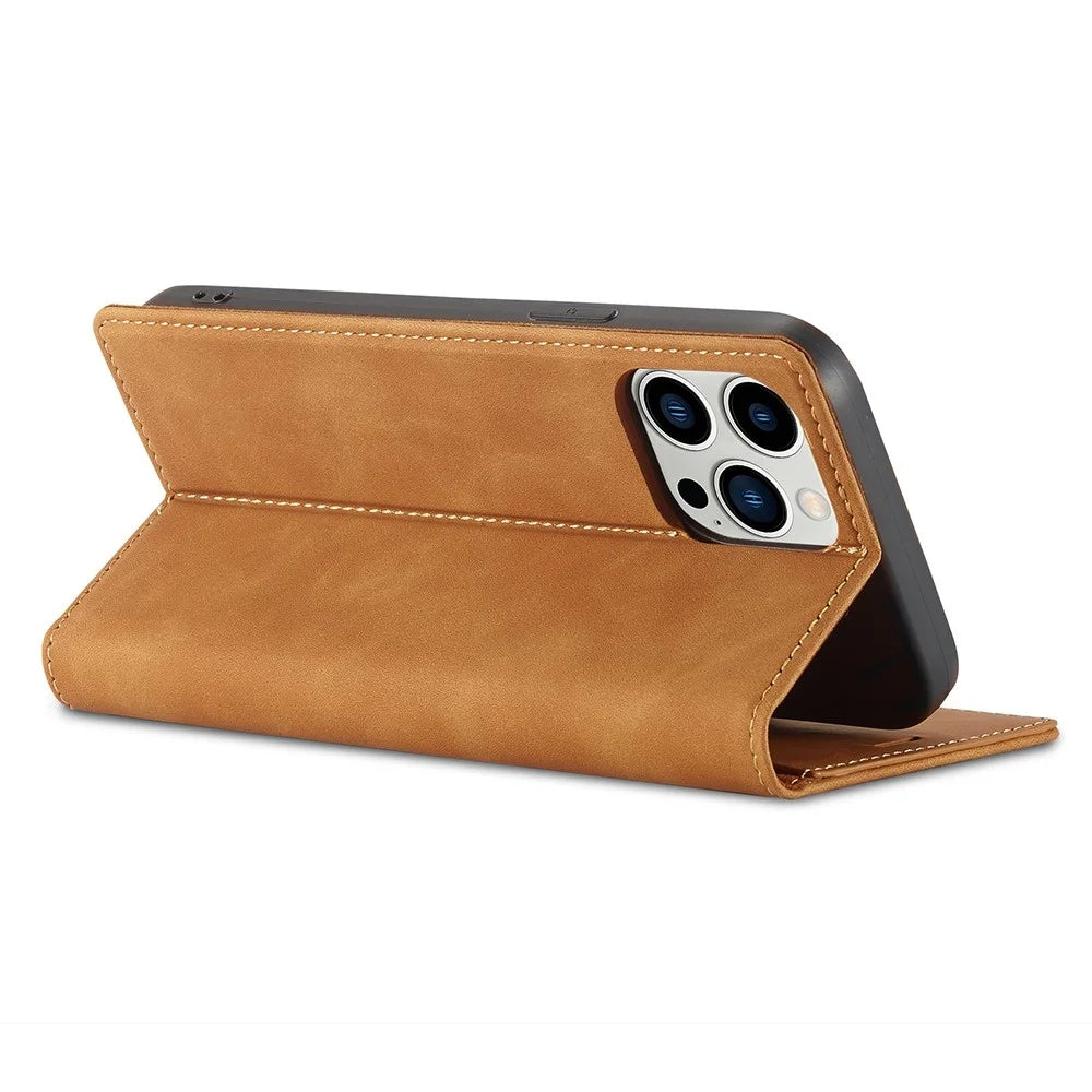 LC.IMEEKE For iPhone 14 Pro Max 6.7 inch Strong Magnetic Closure Anti-dust PU Leather Mobile Phone Case Wallet Stand Phone Cover - Brown - 4