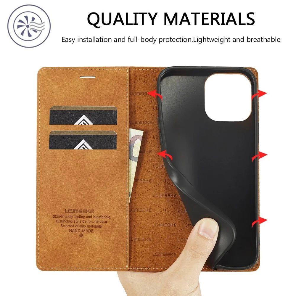 LC.IMEEKE For iPhone 14 Pro Max 6.7 inch Strong Magnetic Closure Anti-dust PU Leather Mobile Phone Case Wallet Stand Phone Cover - Brown - 5