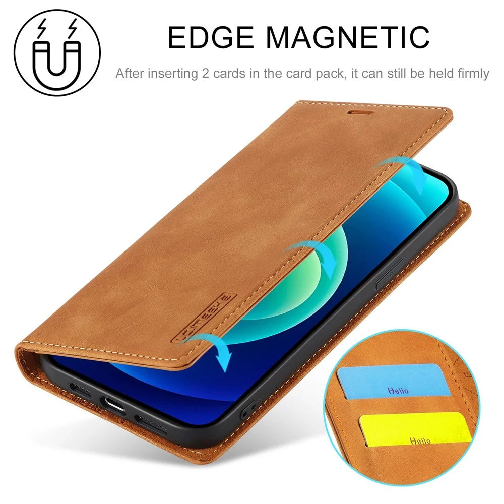 LC.IMEEKE For iPhone 14 Pro Max 6.7 inch Strong Magnetic Closure Anti-dust PU Leather Mobile Phone Case Wallet Stand Phone Cover - Brown - 6