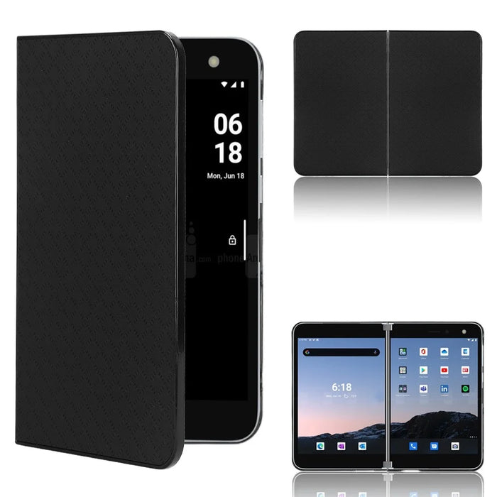 For Microsoft Surface Duo Anti-fall Folio Flip Grid Imprinted Leather Coated PC Protector Phone Case - Black - 1