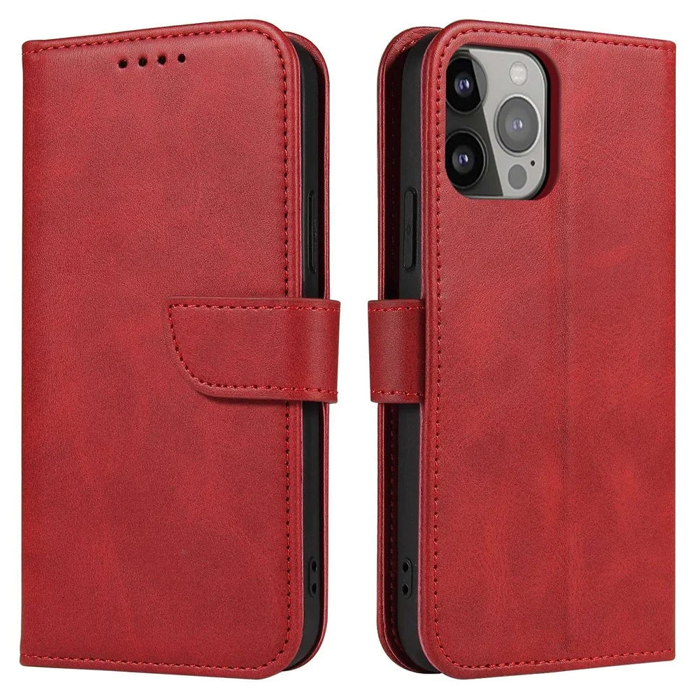 For iPhone 14 6.1 inch Anti-fall Calf Texture Phone Cover PU Leather Mobile Phone Flip Wallet Stand Case with Magnetic Buckle - Red - 1
