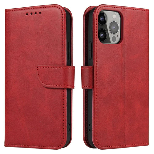 For iPhone 14 6.1 inch Anti-fall Calf Texture Phone Cover PU Leather Mobile Phone Flip Wallet Stand Case with Magnetic Buckle - Red - 1