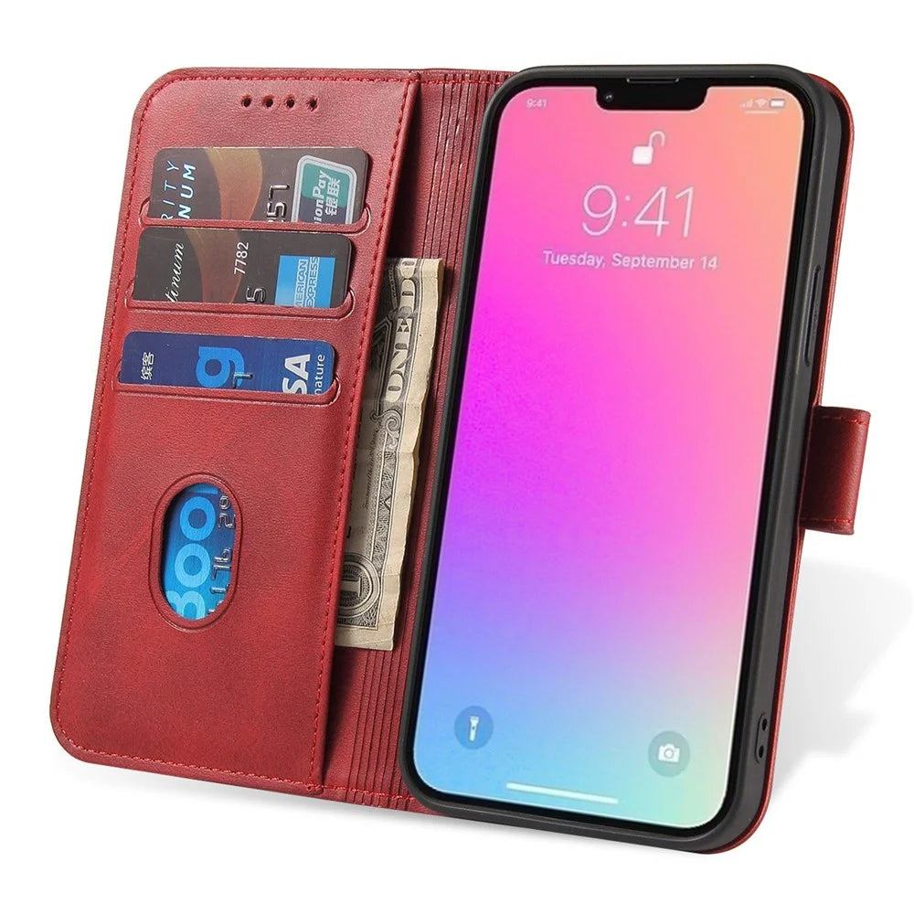 For iPhone 14 6.1 inch Anti-fall Calf Texture Phone Cover PU Leather Mobile Phone Flip Wallet Stand Case with Magnetic Buckle - Red - 2