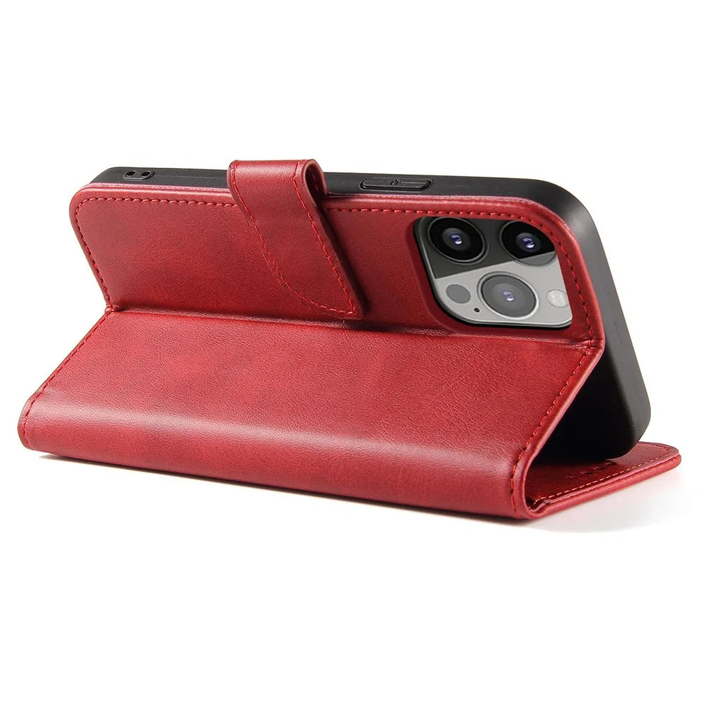 For iPhone 14 6.1 inch Anti-fall Calf Texture Phone Cover PU Leather Mobile Phone Flip Wallet Stand Case with Magnetic Buckle - Red - 3