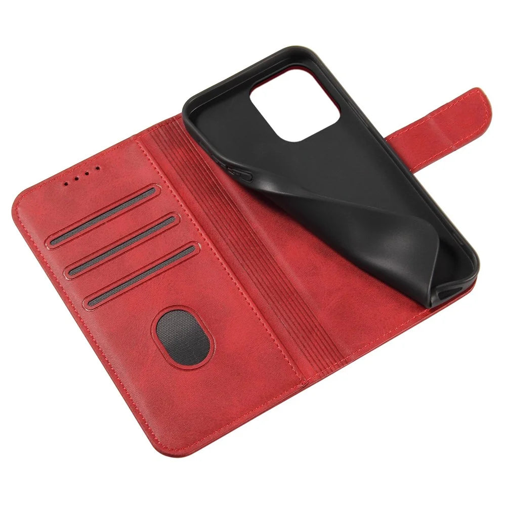 For iPhone 14 6.1 inch Anti-fall Calf Texture Phone Cover PU Leather Mobile Phone Flip Wallet Stand Case with Magnetic Buckle - Red - 4