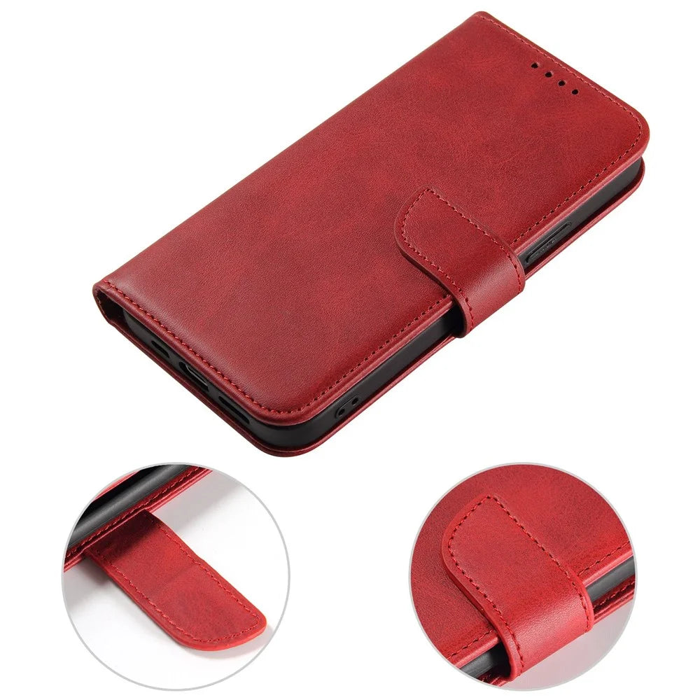 For iPhone 14 6.1 inch Anti-fall Calf Texture Phone Cover PU Leather Mobile Phone Flip Wallet Stand Case with Magnetic Buckle - Red - 5