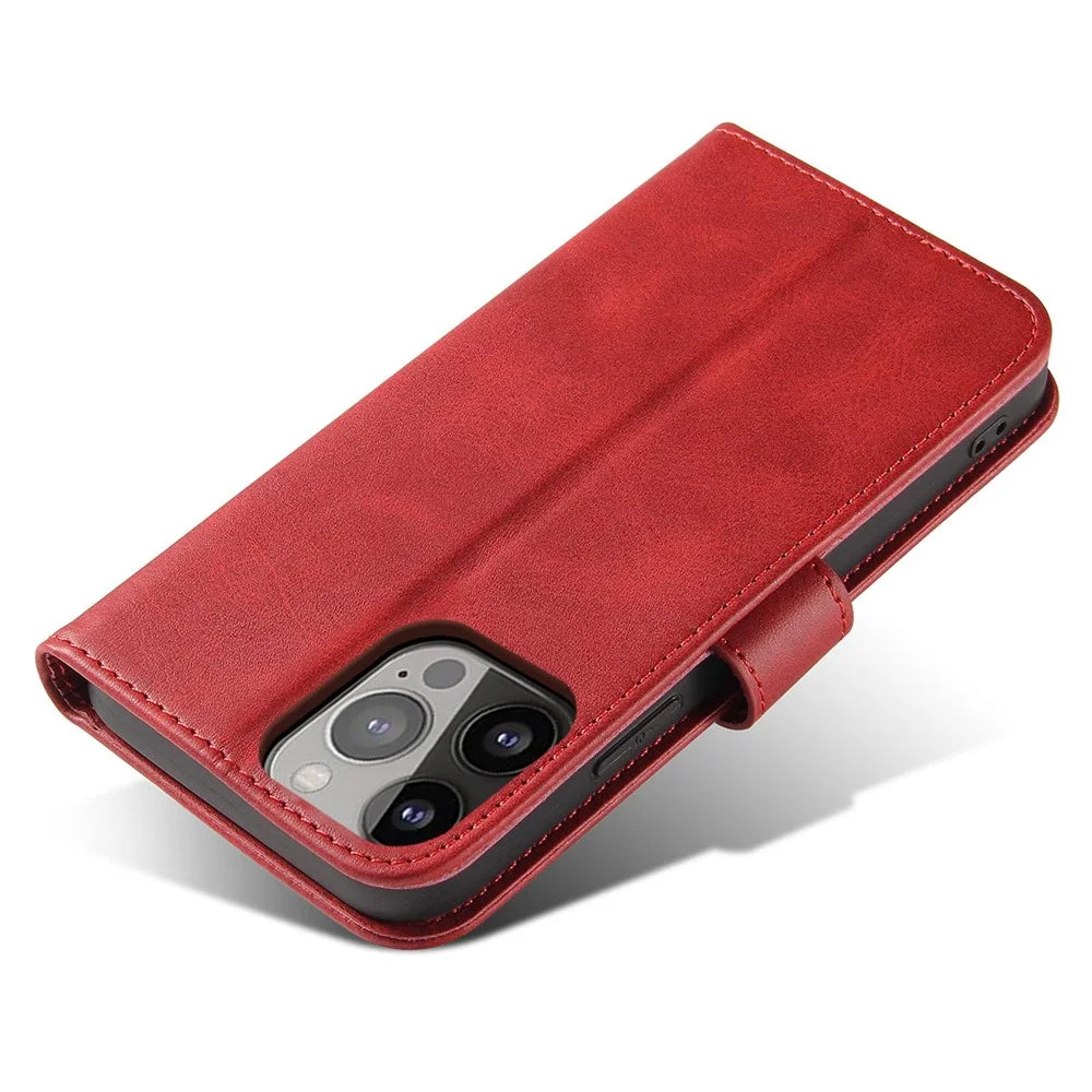 For iPhone 14 6.1 inch Anti-fall Calf Texture Phone Cover PU Leather Mobile Phone Flip Wallet Stand Case with Magnetic Buckle - Red - 6