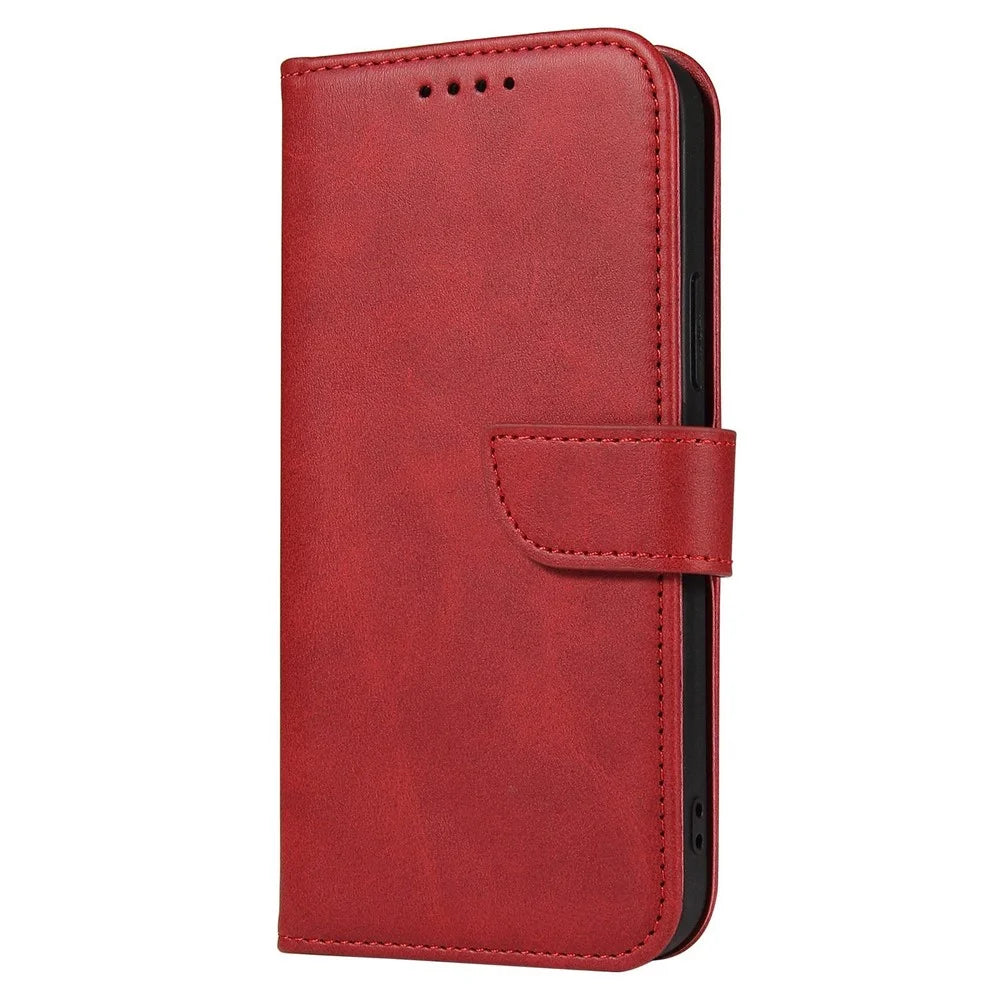 For iPhone 14 6.1 inch Anti-fall Calf Texture Phone Cover PU Leather Mobile Phone Flip Wallet Stand Case with Magnetic Buckle - Red - 7