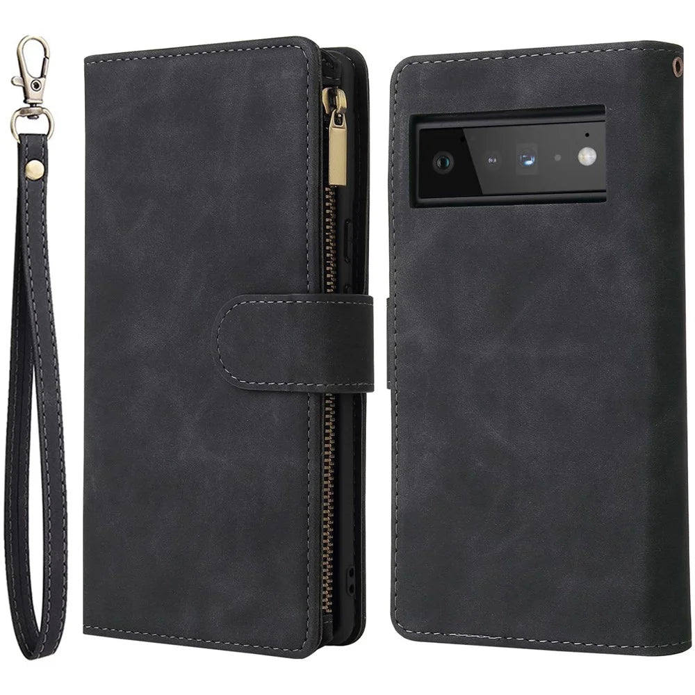 For Google Pixel 6 Pro 5G PU Leather Phone Wallet Stand Case Zipper Pocket Multiple Card Slots Phone Protective Cover - Black - 1