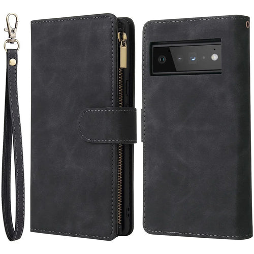 For Google Pixel 6 Pro 5G PU Leather Phone Wallet Stand Case Zipper Pocket Multiple Card Slots Phone Protective Cover - Black - 1