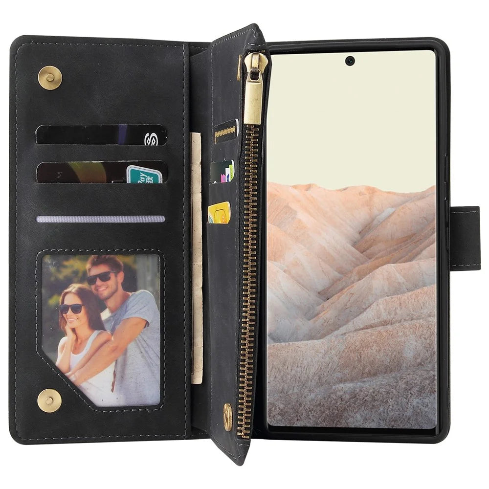 For Google Pixel 6 Pro 5G PU Leather Phone Wallet Stand Case Zipper Pocket Multiple Card Slots Phone Protective Cover - Black - 2