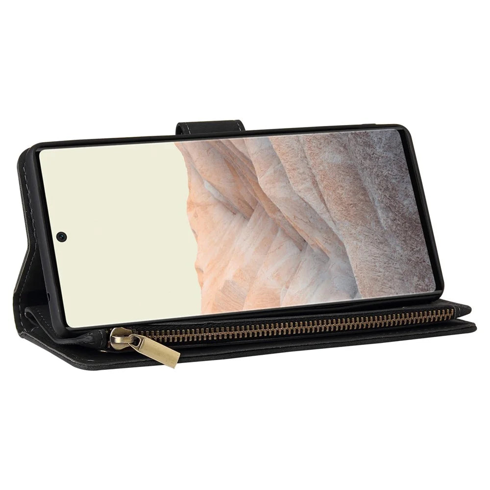 For Google Pixel 6 Pro 5G PU Leather Phone Wallet Stand Case Zipper Pocket Multiple Card Slots Phone Protective Cover - Black - 3